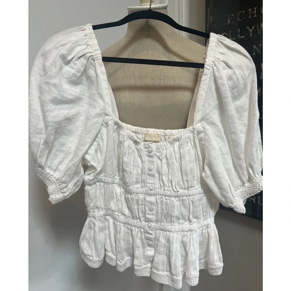 ULLA JOHNSON Harley Crochet-Trimmed Linen Top Size 4 Ivory White